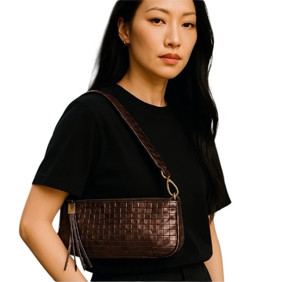 Elliott Lucca Leather Woven Shoulder Bag Zip Top Tassel Metallic Bronze Brown - Picture 1 of 15